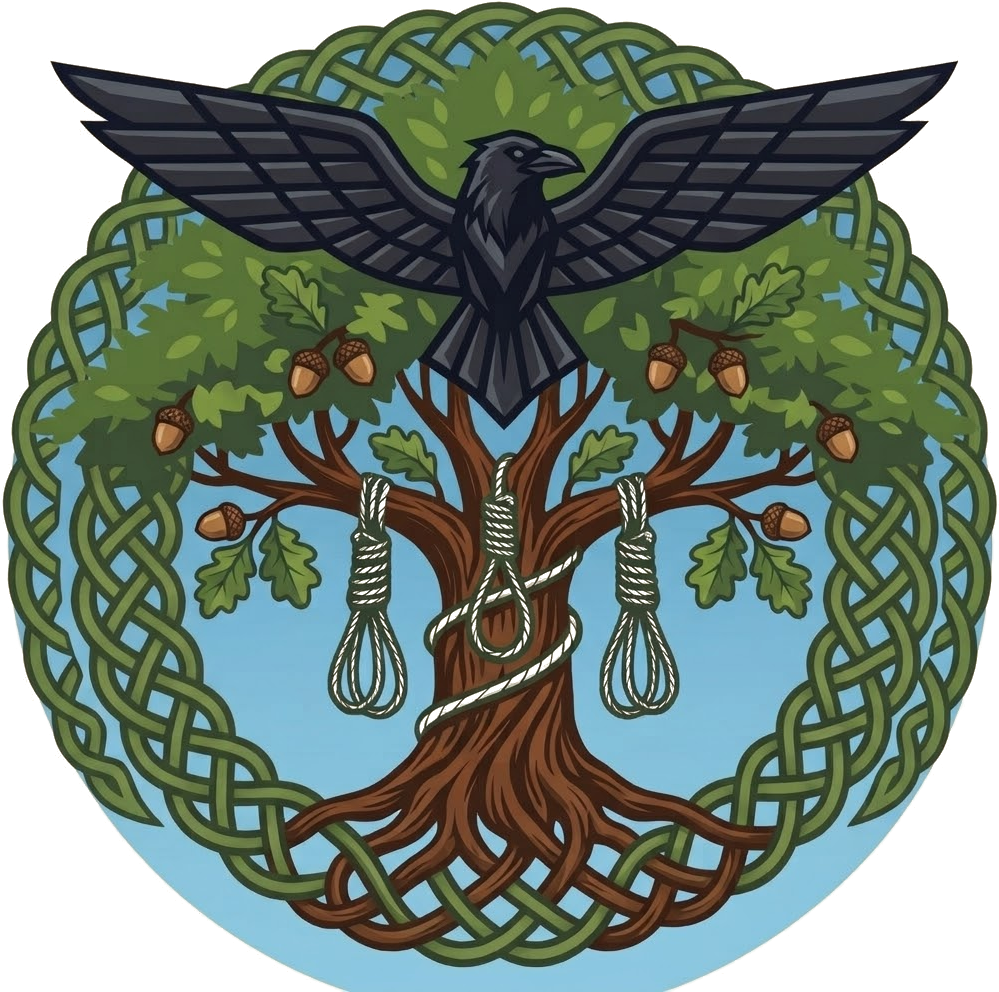 Logo Tréleidir.lu: Adler, Baum, Seile und gekreuzte Sägen im Flechtkreis